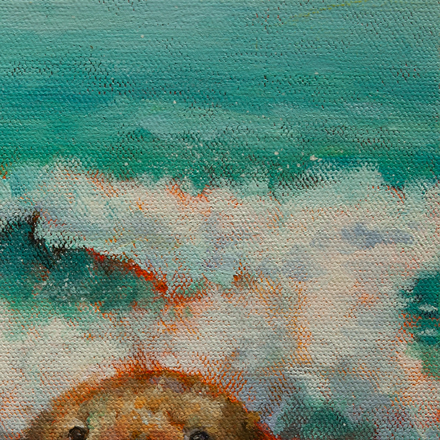 Detail of a teal ocean wave behind the sea otter with deeper blue tones from Riding the Same Wave, coastal painting by Martina Goulart.