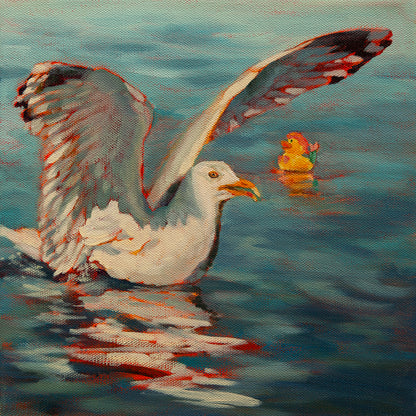 Original painting of a seagull landing on teal ocean water with a mermaid duck behind, red hair and green tail, coastal artwork by Martina Goulart.