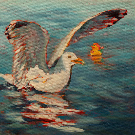 Original painting of a seagull landing on teal ocean water with a mermaid duck behind, red hair and green tail, coastal artwork by Martina Goulart.