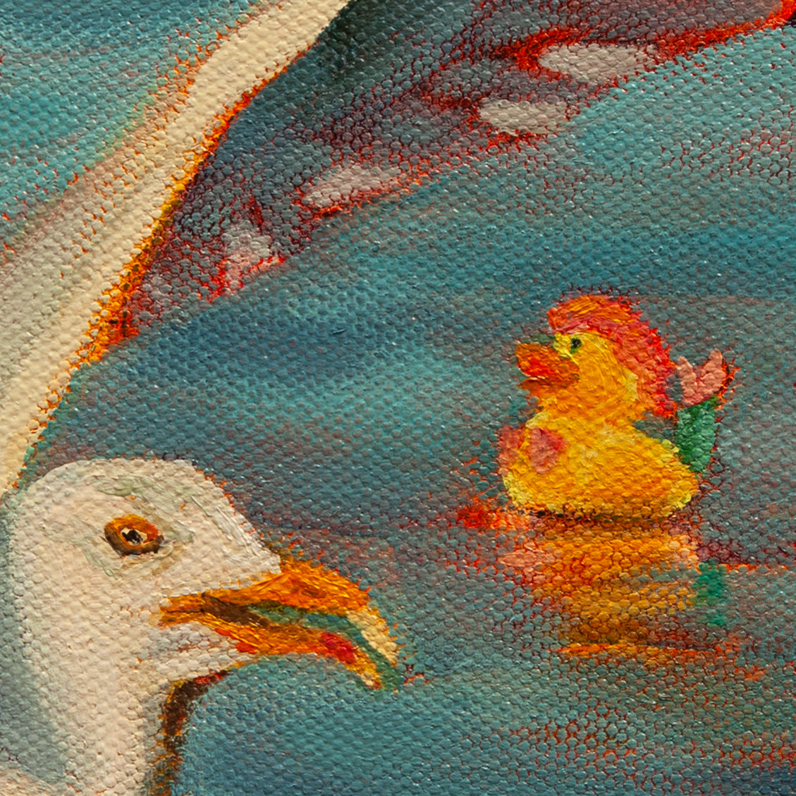 Close-up of a seagull’s warm white head and yellow beak with a mermaid duck floating nearby on teal water from Sky Meets Sea by Martina Goulart.