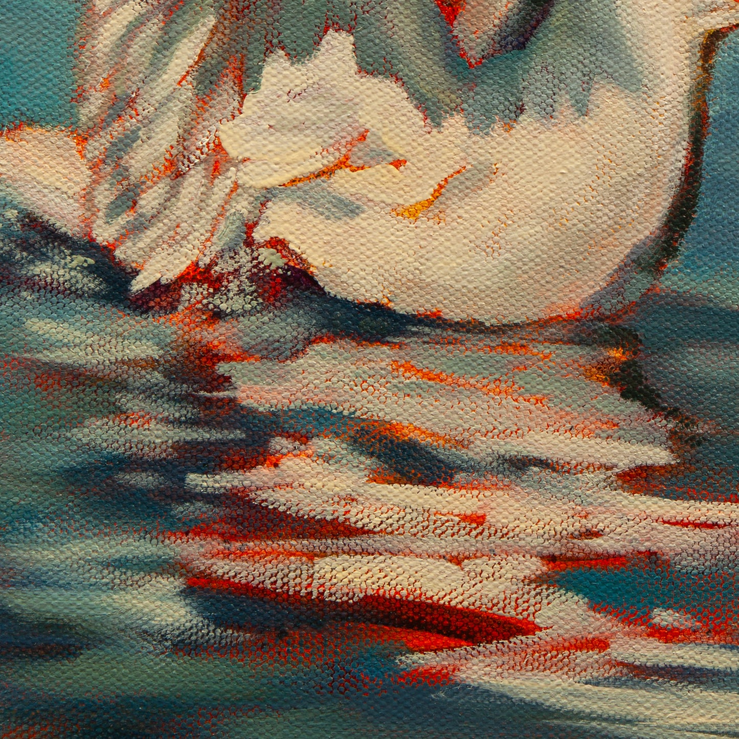 Detail of the seagull’s warm white body and its reflection in teal water from Sky Meets Sea, coastal wildlife painting by Martina Goulart.