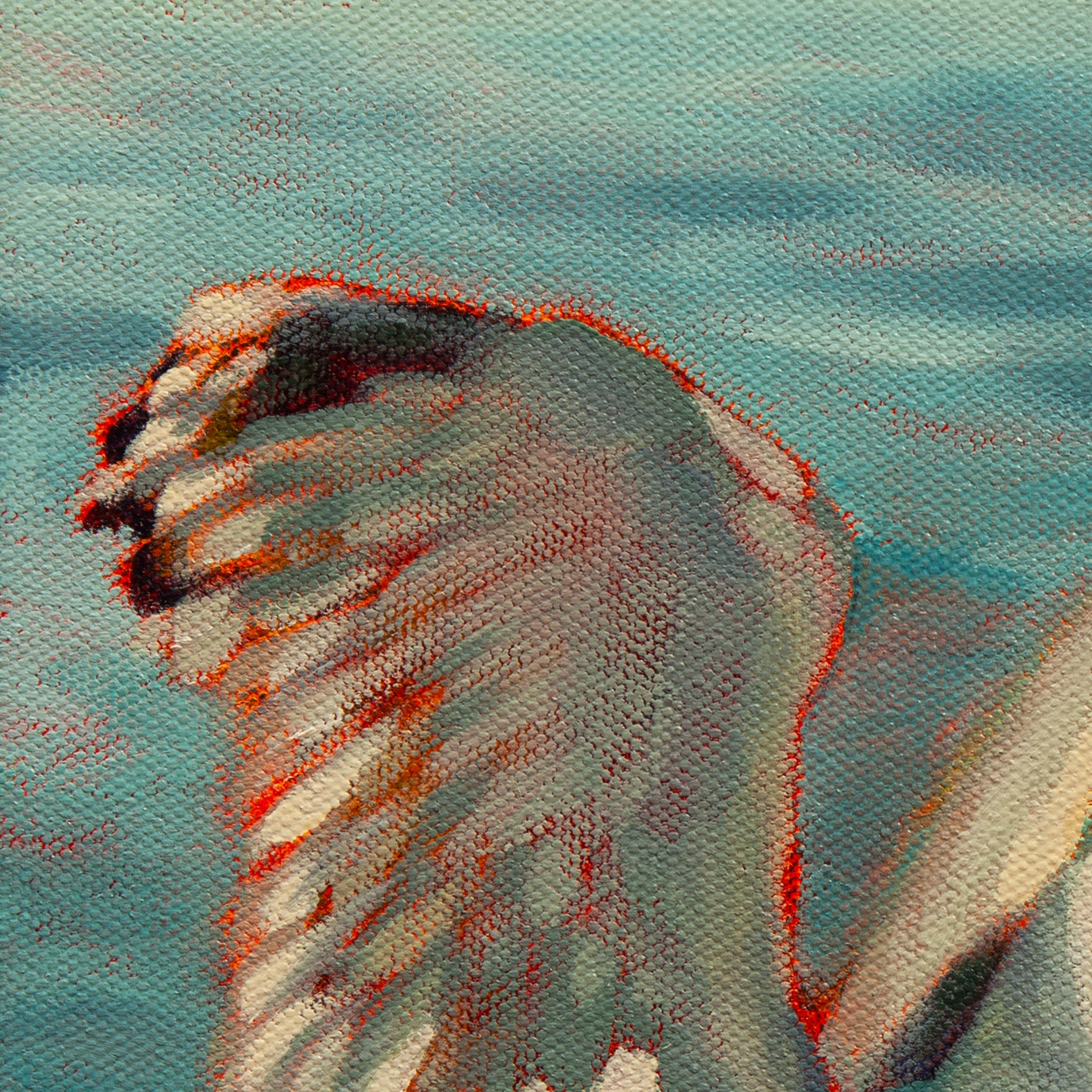 Close-up of the seagull’s wing in cool gray tones with warm white highlights from Sky Meets Sea, a coastal painting by Martina Goulart.
