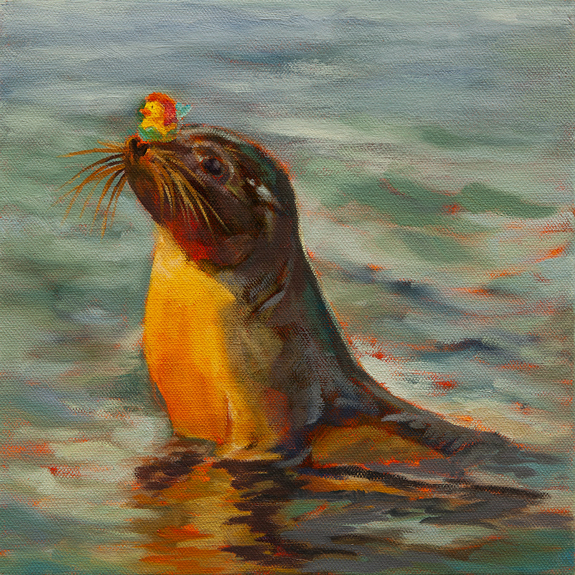 Original painting of a golden-brown seal popping from teal-blue ocean water, balancing a mermaid duck on its nose under a sunny California sky.