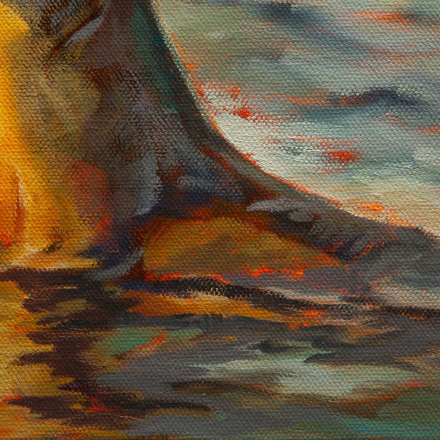 Close-up of the seal’s back in warm brown tones against teal-blue ocean water from Balancing Act, a coastal painting by Martina Goulart.