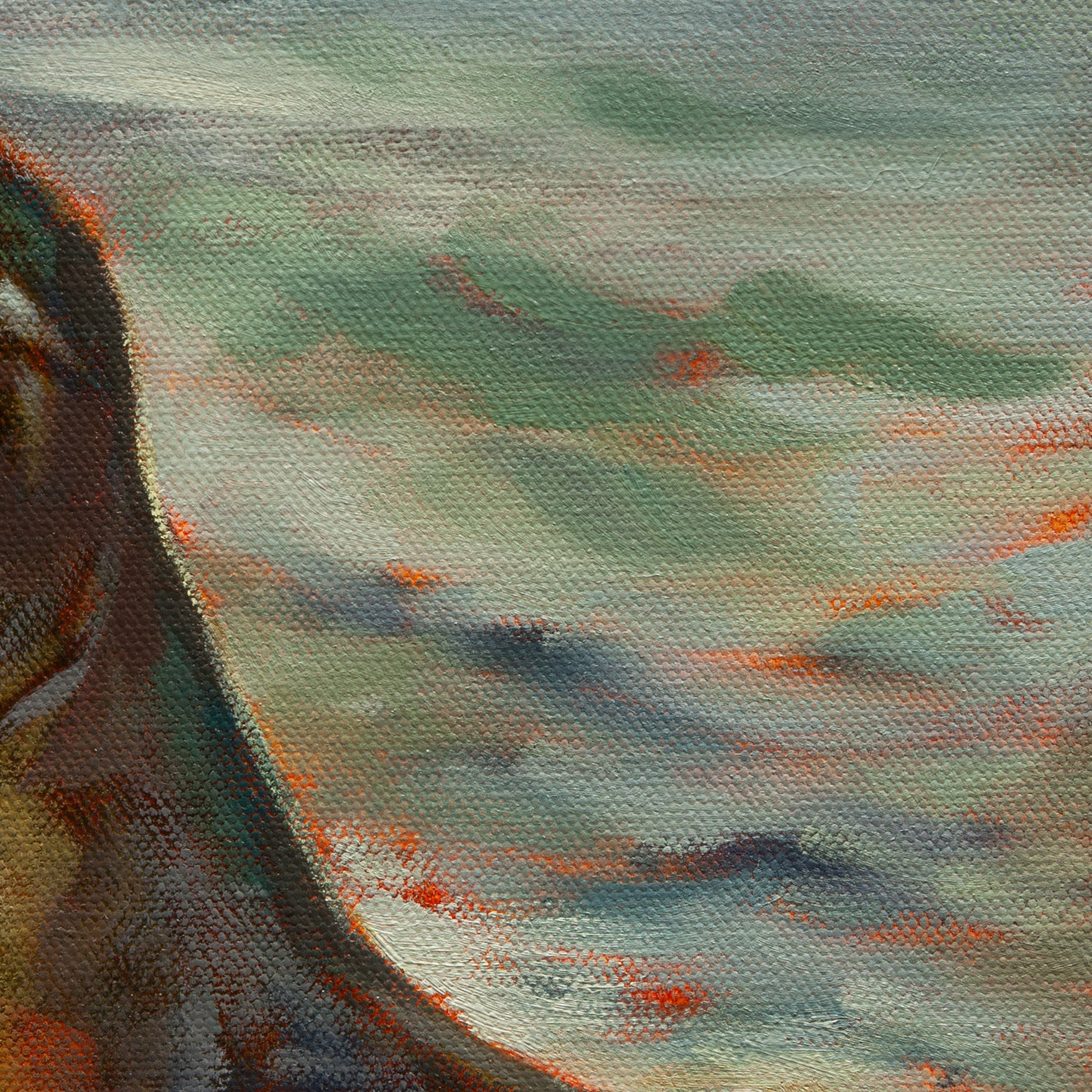 Detail of ocean water in teal and blue hues with warm sunlight reflections from Balancing Act, coastal artwork by Martina Goulart.