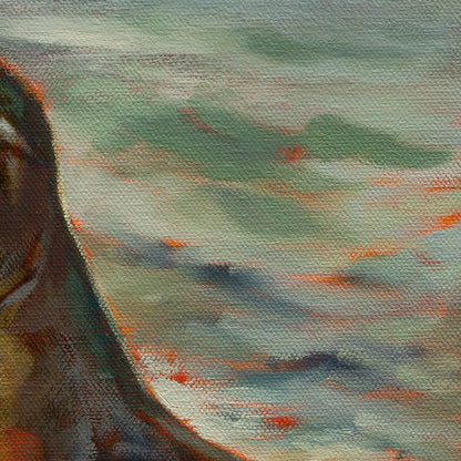 Detail of ocean water in teal and blue hues with warm sunlight reflections from Balancing Act, coastal artwork by Martina Goulart.