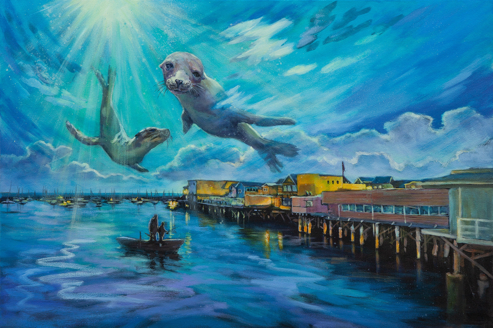 Original painting of Monterey pier with colorful houses at dawn, two seals swimming above the tide and two people fishing below, by Martina Goulart.