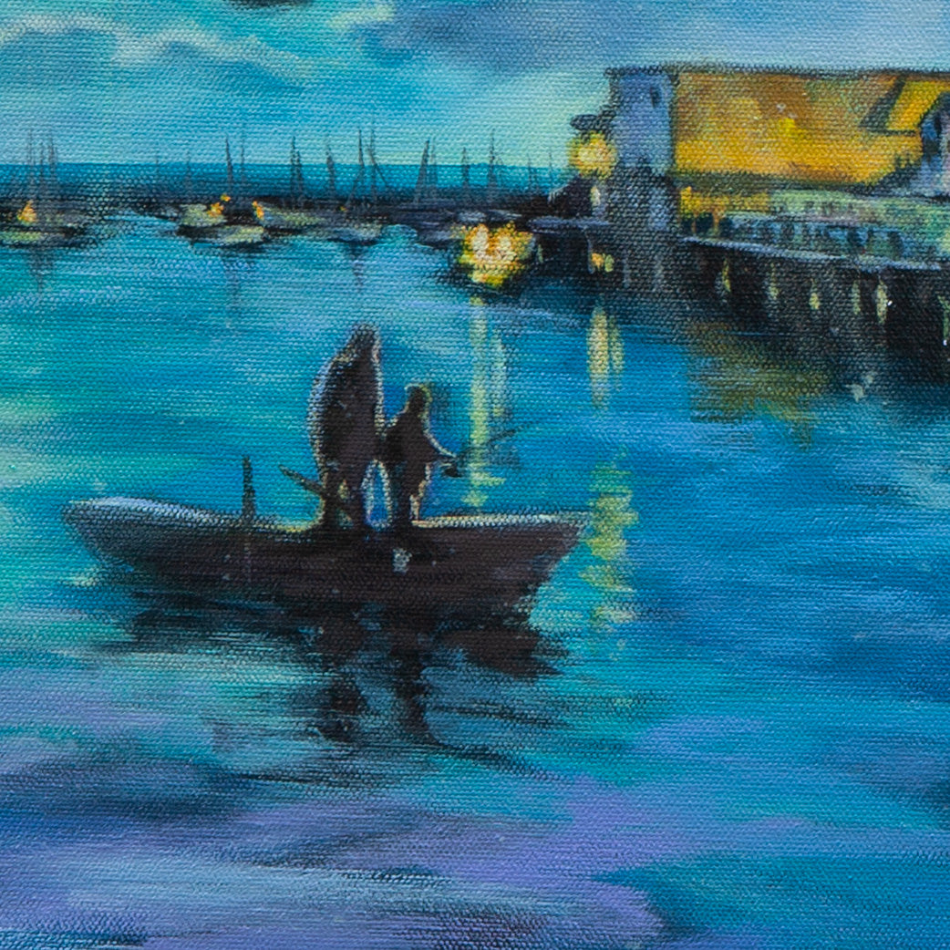 Close-up of two silhouettes in a boat near Monterey pier, yellow building glowing, teal-blue water with reflections, expressive brushstrokes.