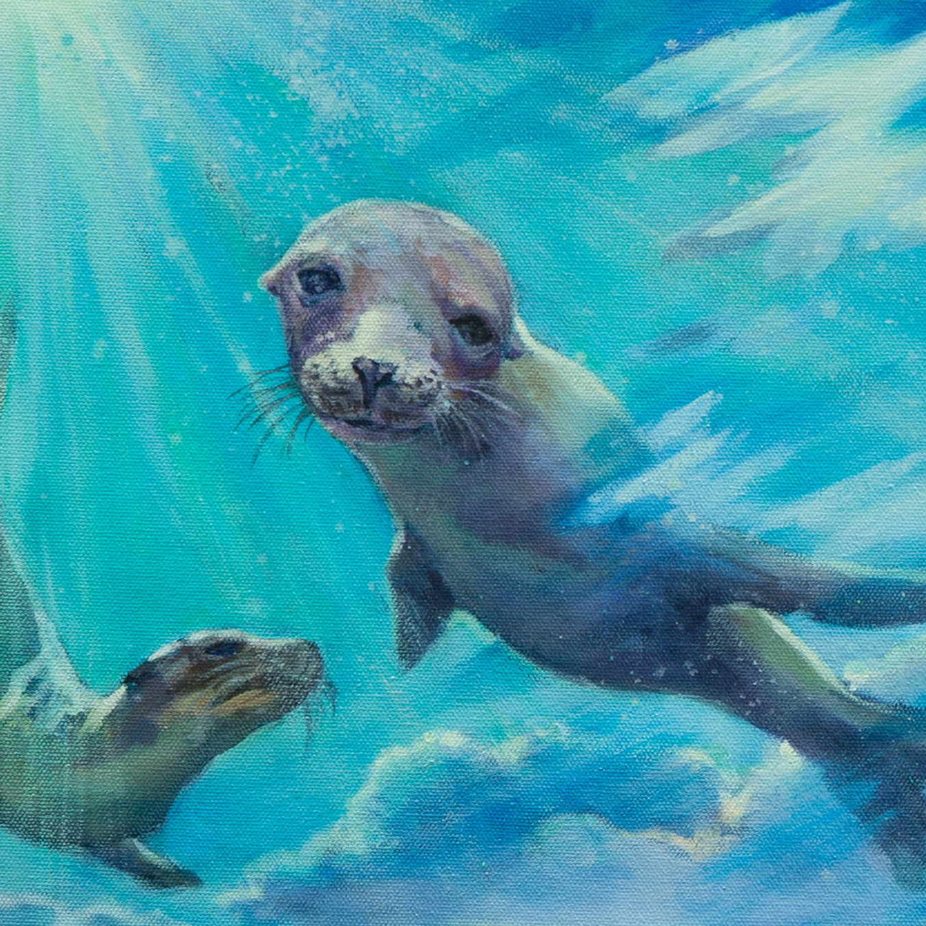 Detail of two seals, one looking forward, in soft gray, green, and yellow tones with teal-blue background from Echoes of Monterey by Martina Goulart.