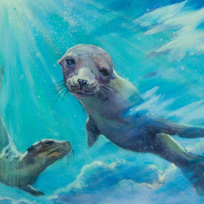 Detail of two seals, one looking forward, in soft gray, green, and yellow tones with teal-blue background from Echoes of Monterey by Martina Goulart.