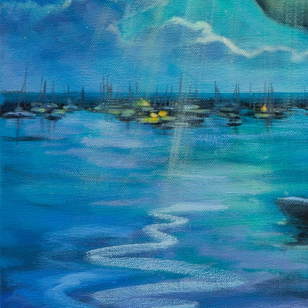 Close-up of expressive teal-blue and purple ocean with distant anchored boats glowing in the water from Echoes of Monterey by Martina Goulart.