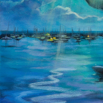 Close-up of expressive teal-blue and purple ocean with distant anchored boats glowing in the water from Echoes of Monterey by Martina Goulart.