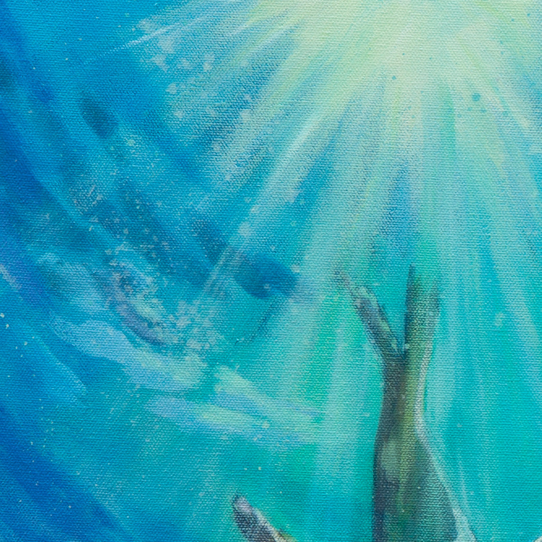 Detail of sunlight rays shining through teal-blue water with visible brushwork from Echoes of Monterey, ocean painting by Martina Goulart.