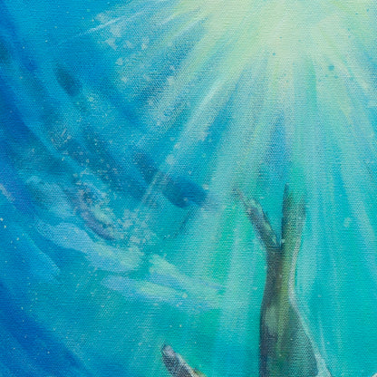 Detail of sunlight rays shining through teal-blue water with visible brushwork from Echoes of Monterey, ocean painting by Martina Goulart.