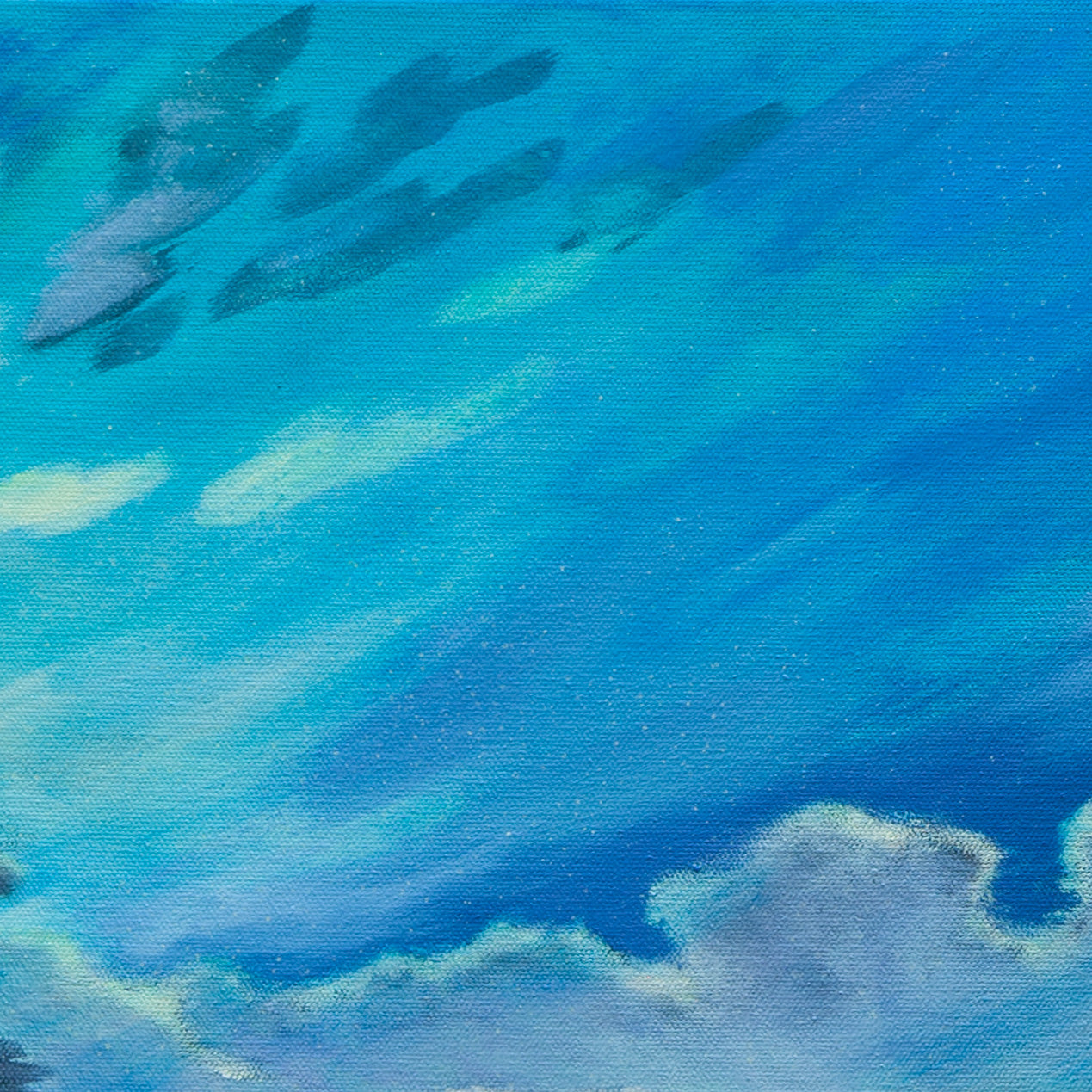 Close-up of deep blue and teal sky with light reflections, visible brushstrokes, and soft clouds from Echoes of Monterey, coastal artwork.