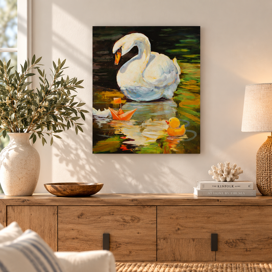 Whimsical swan art print featuring a white swan, yellow rubber duck, and paper boat on a colorful pond, displayed in a warmly lit living room with natural wood furniture and coastal-inspired decor.