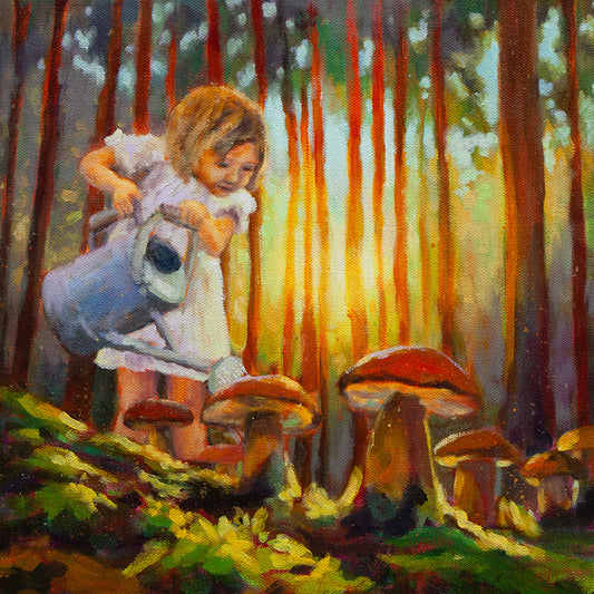Girl watering mushrooms in a sunlit redwood forest, with warm light filtering through trees in an expressive oil painting.