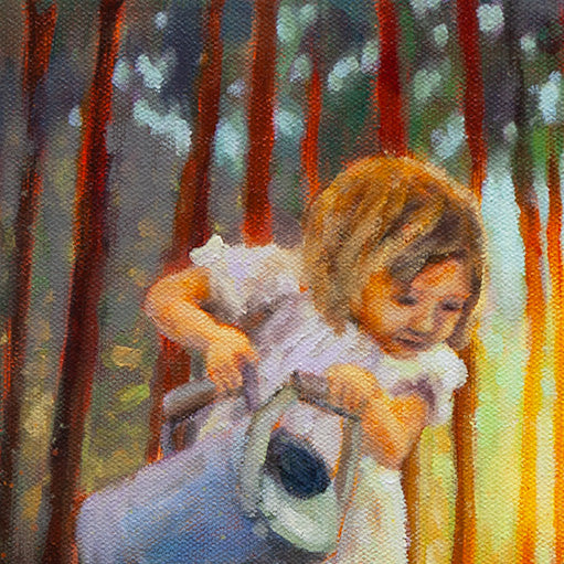Close-up of a young girl holding a watering can in a sunlit forest, gently watering a cluster of mushrooms glowing on the forest floor.