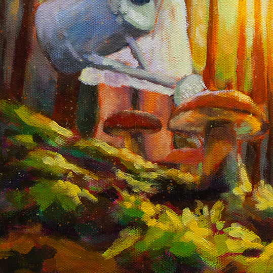 Detail of the girl’s dress and surrounding leaves, with golden sunlight filtering through the trees and creating soft highlights on the forest floor.
