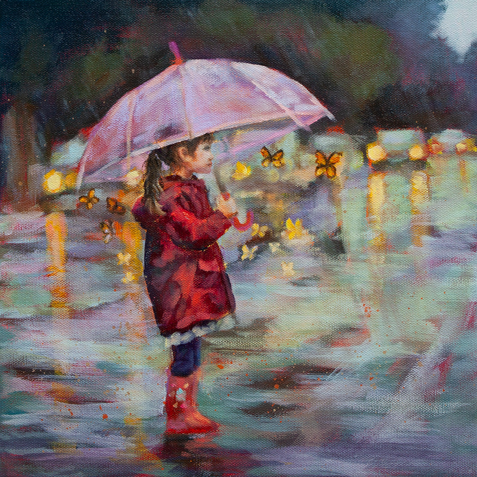 Girl with a pink umbrella, red raincoat, and red boots crossing a wet, rainy street, shielding butterflies as cars with headlights create reflections on the road.