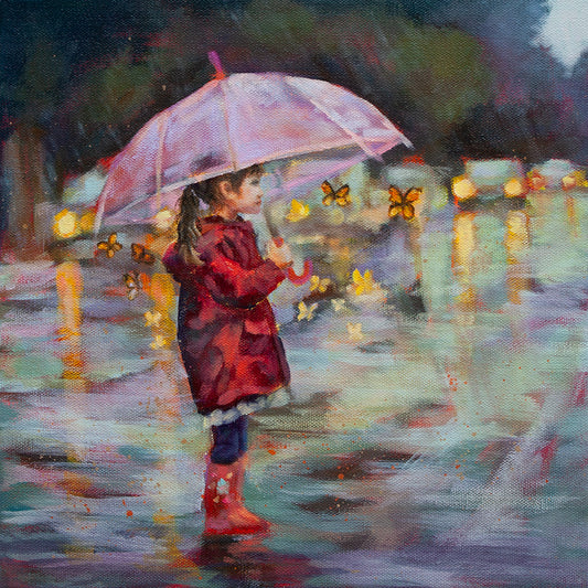 Girl with a pink umbrella, red raincoat, and red boots crossing a wet, rainy street, shielding butterflies as cars with headlights create reflections on the road.