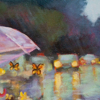 Close-up of butterflies sheltered under the umbrella with car lights in the background and trees against a gray sky.