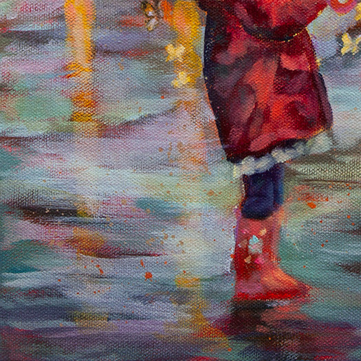 Close-up of the girl’s red raincoat, blue pants, and red boots standing on a wet road painted with expressive strokes in gray, blue, yellow, and orange.