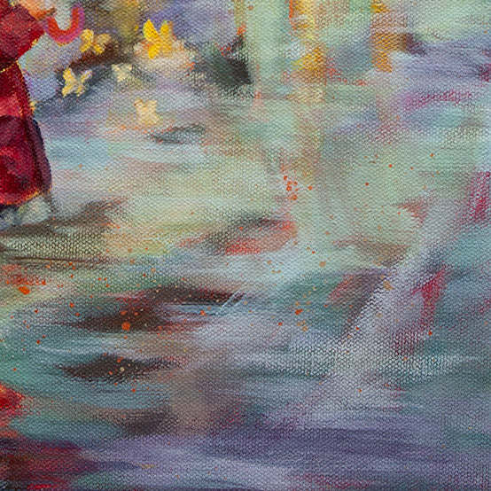 Close-up of the wet road with blue, yellow, and purple reflections, small butterflies, and a glimpse of the red raincoat.