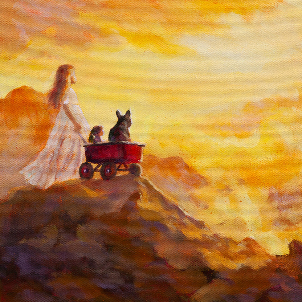 Painting of a girl on a mountain at sunrise pulling a red wagon with a dog and doll — symbolizes courage, strength, and perseverance.