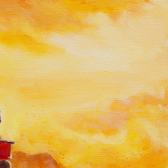 Detailed view of the sky painted in yellow and orange tones with expressive, textured brushstrokes capturing the early morning light.