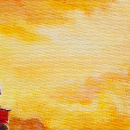 Detailed view of the sky painted in yellow and orange tones with expressive, textured brushstrokes capturing the early morning light.