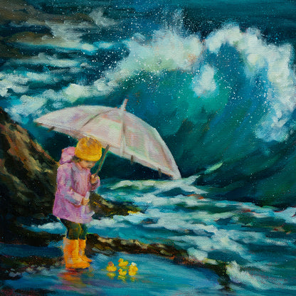 Girl with a pink umbrella, yellow hat, pink raincoat, and orange boots shielding rubber ducks in a small pool as a huge wave crashes behind her on a rocky shore.