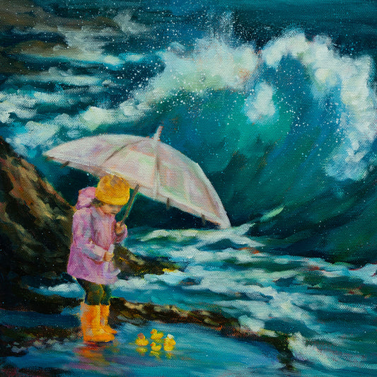 Girl with a pink umbrella, yellow hat, pink raincoat, and orange boots shielding rubber ducks in a small pool as a huge wave crashes behind her on a rocky shore.