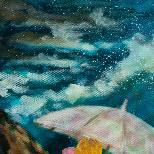 Close-up of the top of a pink umbrella with crashing blue-teal ocean waves behind it.