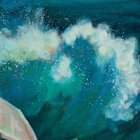 Close-up of the top of a large crashing wave in teal, blue, and white with expressive, textured brushstrokes.