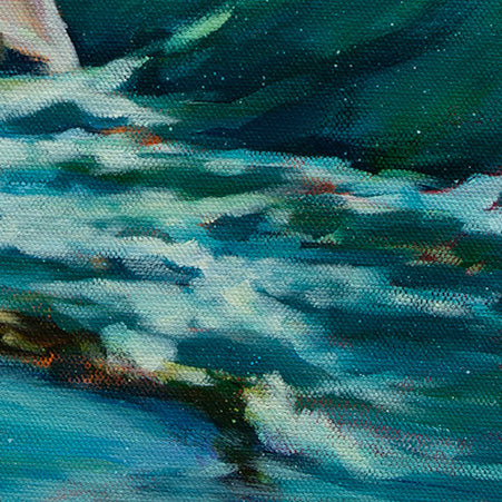 Close-up of ocean water painted in teal and blue tones with light highlights and soft movement.