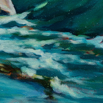 Close-up of ocean water painted in teal and blue tones with light highlights and soft movement.