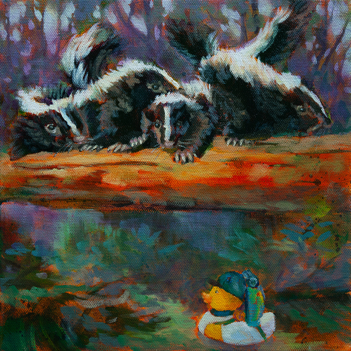 Original painting of four skunks on a log above a duck with a hat, backpack, and white shirt on a forest floor with green and soft purple tones.