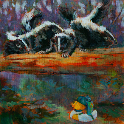 Original painting of four skunks on a log above a duck with a hat, backpack, and white shirt on a forest floor with green and soft purple tones.