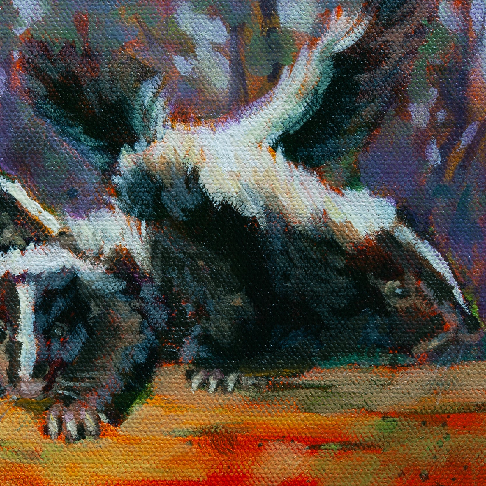Detail of two black-and-white skunks on a log with muted brown-purple forest tones from Above and Unaware, wildlife art by Martina Goulart.