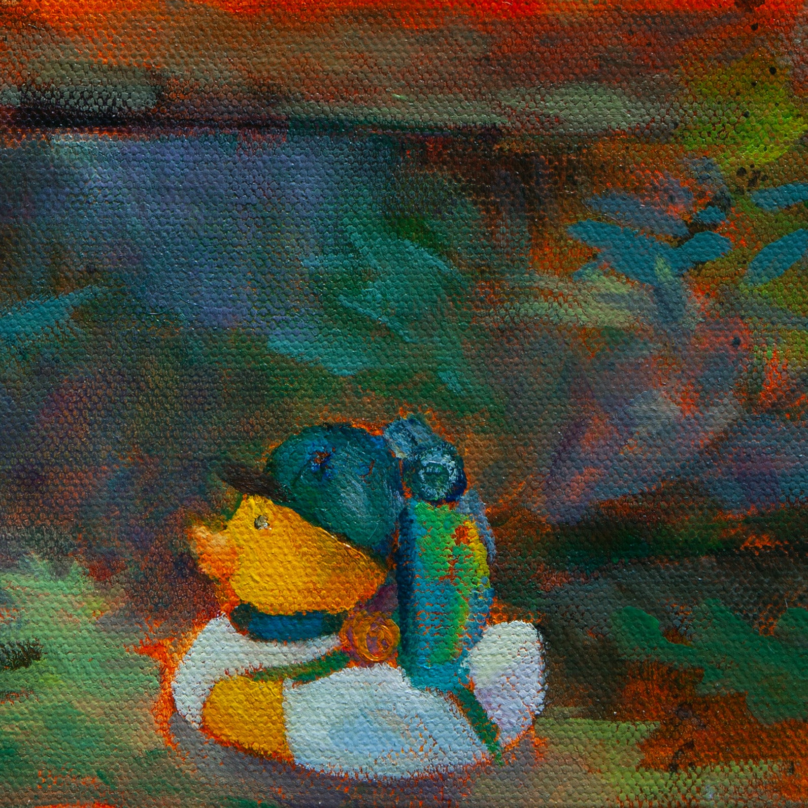 Close-up of a yellow duck with a baseball hat and green backpack in greens, blues, and browns from Above and Unaware by Martina Goulart.