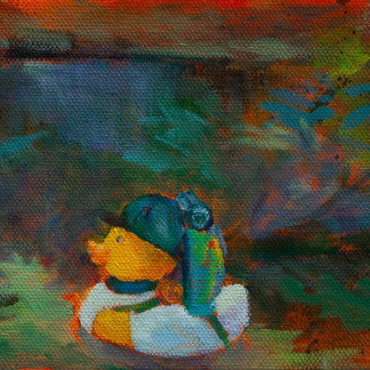 Close-up of a yellow duck with a baseball hat and green backpack in greens, blues, and browns from Above and Unaware by Martina Goulart.