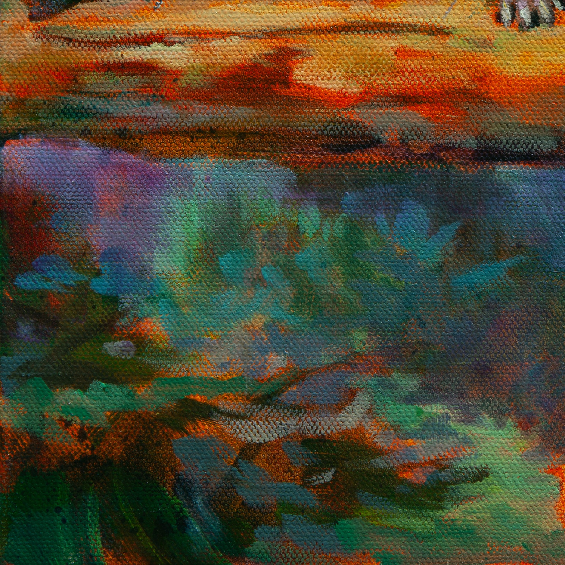 Detail of an orange log above green, blue-green, and purple forest floor tones from Above and Unaware, woodland painting by Martina Goulart.