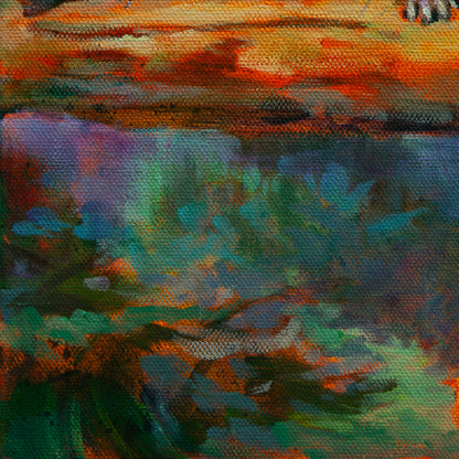 Detail of an orange log above green, blue-green, and purple forest floor tones from Above and Unaware, woodland painting by Martina Goulart.