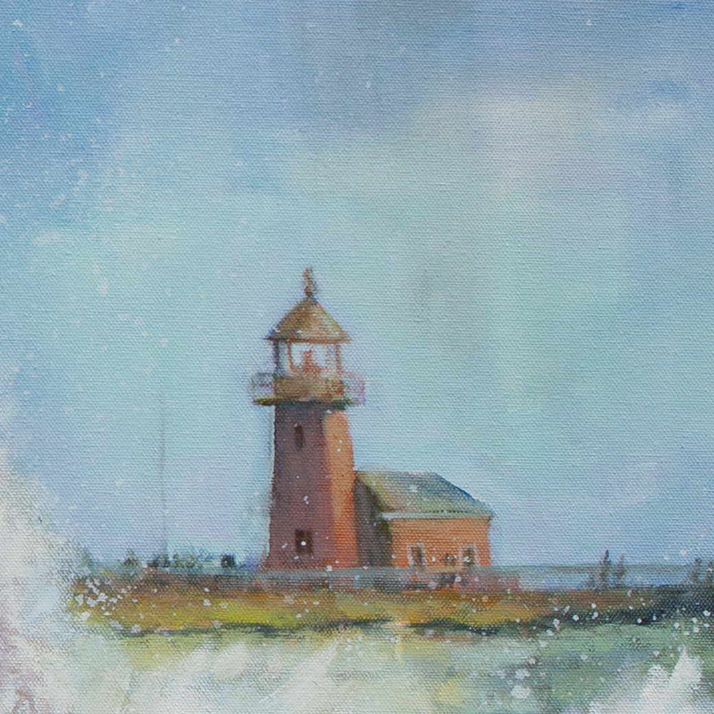Close-up of red brick Santa Cruz lighthouse under warm blue sky from Splash Zone, coastal wave painting by Martina Goulart.
