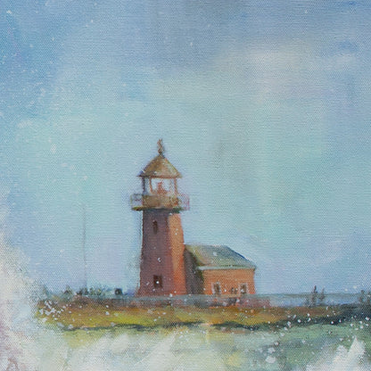 Close-up of red brick Santa Cruz lighthouse under warm blue sky from Splash Zone, coastal wave painting by Martina Goulart.