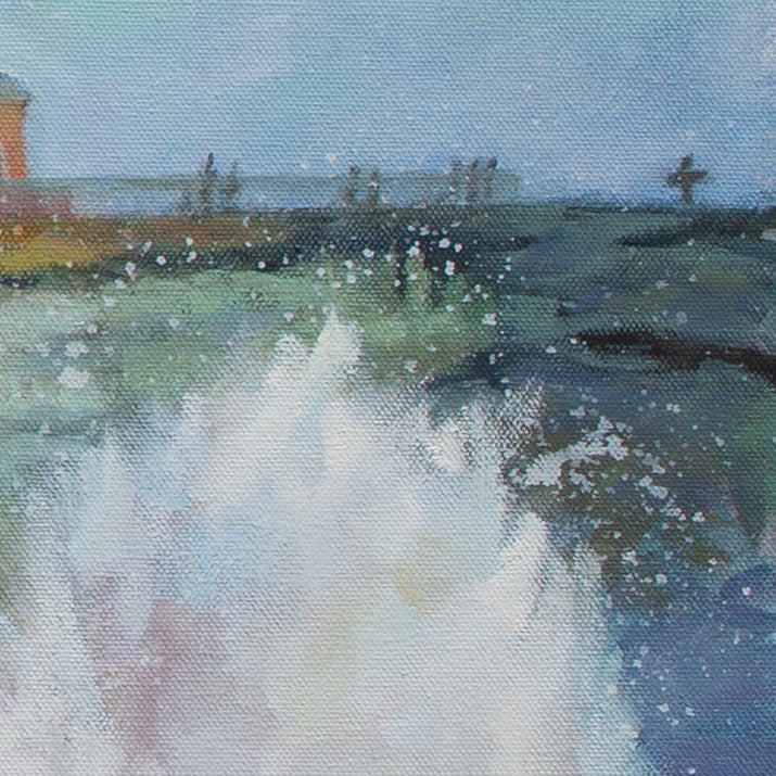 Detail of ocean wave splashing in foreground with surfer silhouette and cliff behind from Splash Zone, Santa Cruz coastal artwork.