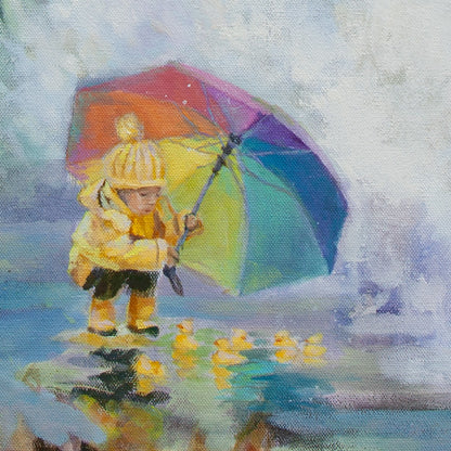 Close-up of girl in yellow coat and hat holding rainbow umbrella with rubber ducks in puddle from Splash Zone, coastal California painting.
