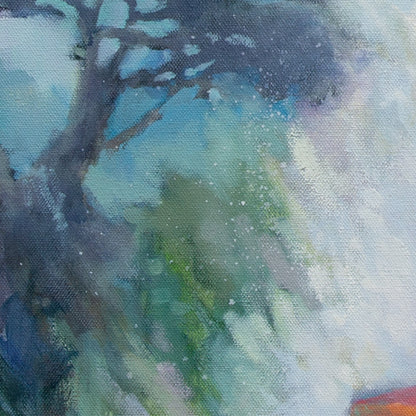 Distant cypress tree and ocean wave splashing with soft blues, teals, and purples from Splash Zone, West Cliff Drive painting