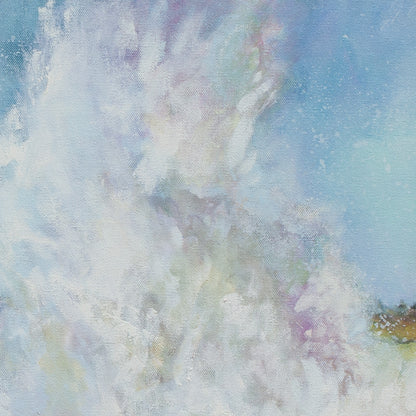 Detail of ocean wave with layered white tones under bright blue sky from Splash Zone, wave painting by Martina Goulart.